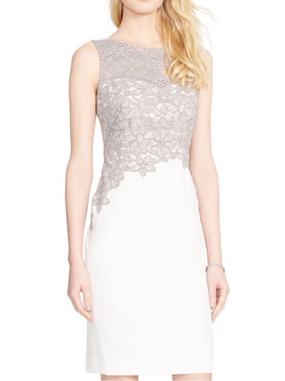 Lauren Ralph Lauren Sleeveless Lace Bodice Sheath Dress White & Light Gray 8P